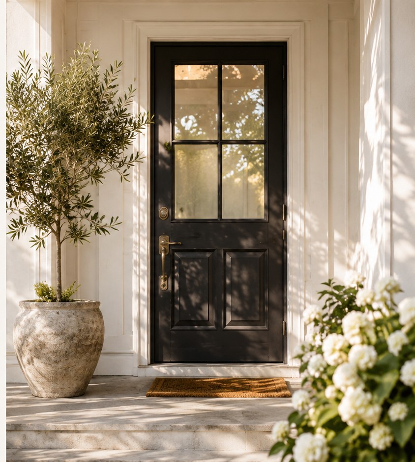 Elegant black front door with olive tree and white hydrangeas