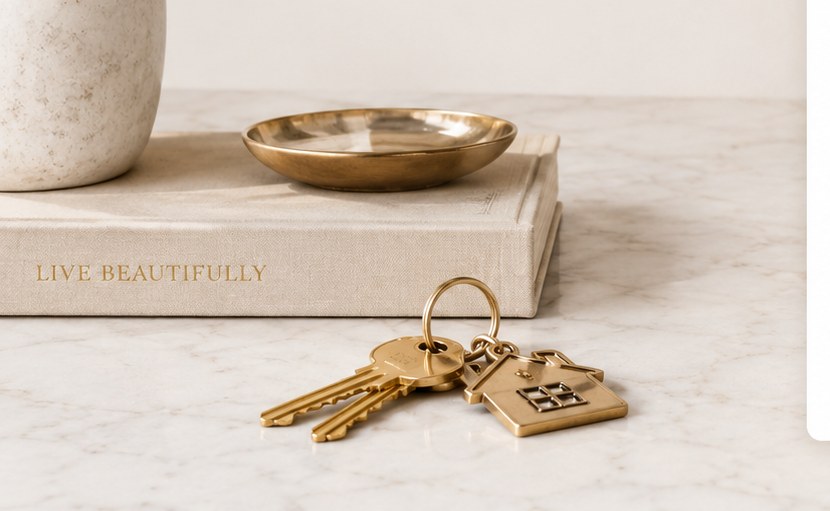 House keys resting on a book beside a brass dish