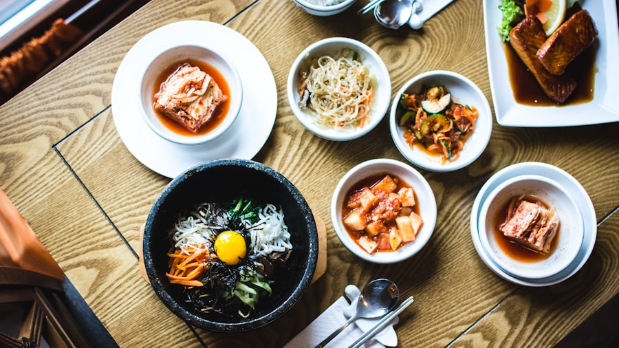 Korean banchan and stews spread
